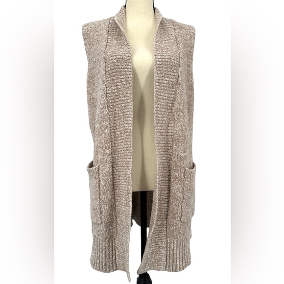 LOFT XS/S Soft Boucle Beige Knit Sleeveless MidLength Open Cardigan Sweater Vest - Picture 1 of 9